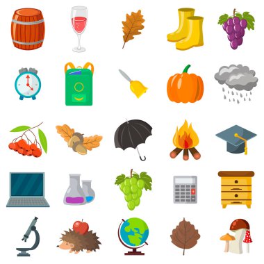 Sonbahar, okul Icon set. Karikatür ve düz stil. Beyaz arka plan. Vektör çizim.