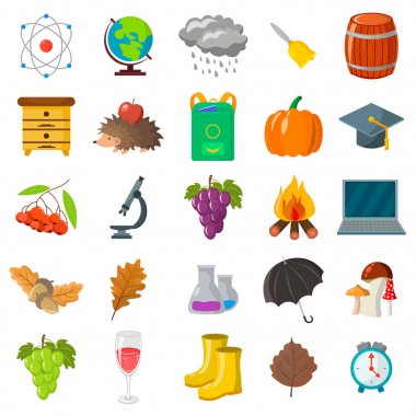 Sonbahar, okul Icon set. Karikatür ve düz stil. Beyaz arka plan. Vektör çizim.