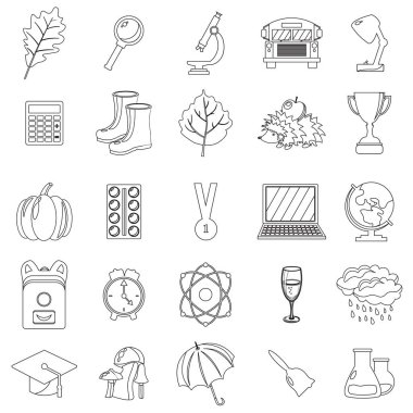Sonbahar, okul Icon set. Anahat, çizgili, ince stil. Beyaz arka plan. Vektör çizim.