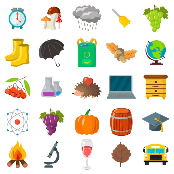 Sonbahar, okul Icon set. Karikatür ve düz stil. Beyaz arka plan. Vektör çizim.