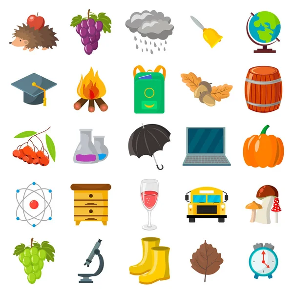 Sonbahar, okul Icon set. Karikatür ve düz stil. Beyaz arka plan. Vektör çizim.