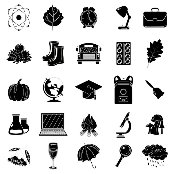 Sonbahar, okul Icon set. Siyah ve beyaz tarzı. Beyaz arka plan. Vektör çizim.