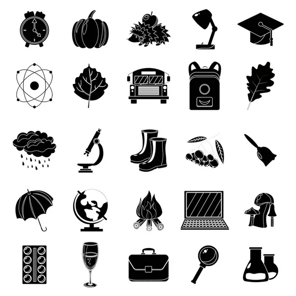 Sonbahar, okul Icon set. Siyah ve beyaz tarzı. Beyaz arka plan. Vektör çizim.