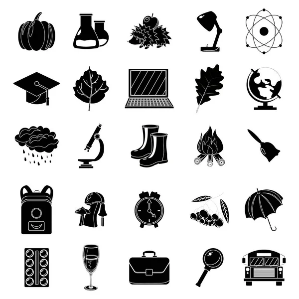 Sonbahar, okul Icon set. Siyah ve beyaz tarzı. Beyaz arka plan. Vektör çizim.