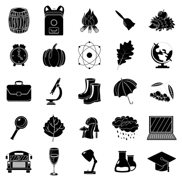 Sonbahar, okul Icon set. Siyah ve beyaz tarzı. Beyaz arka plan. Vektör çizim.