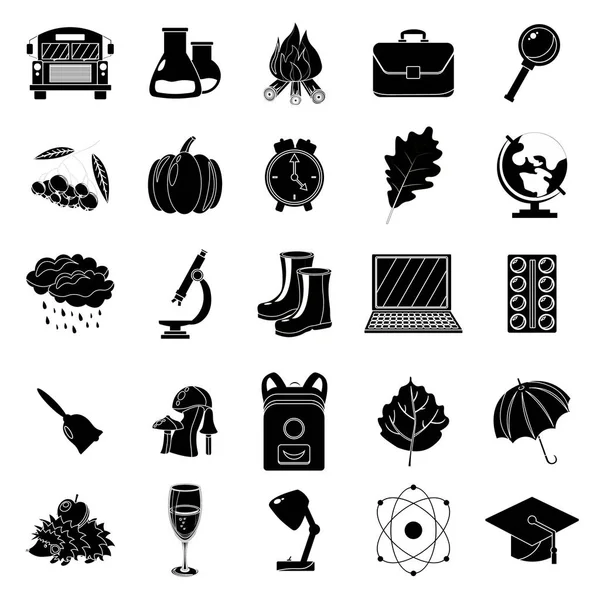 Sonbahar, okul Icon set. Siyah ve beyaz tarzı. Beyaz arka plan. Vektör çizim.