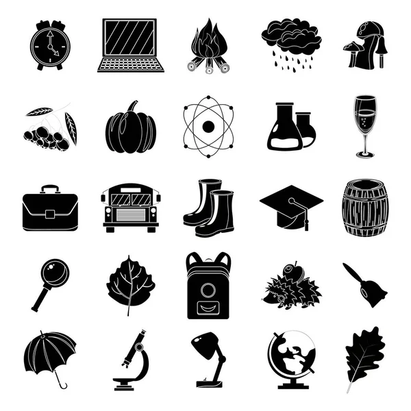 Sonbahar, okul Icon set. Siyah ve beyaz tarzı. Beyaz arka plan. Vektör çizim.