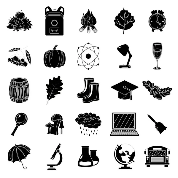 Sonbahar, okul Icon set. Siyah ve beyaz tarzı. Beyaz arka plan. Vektör çizim.