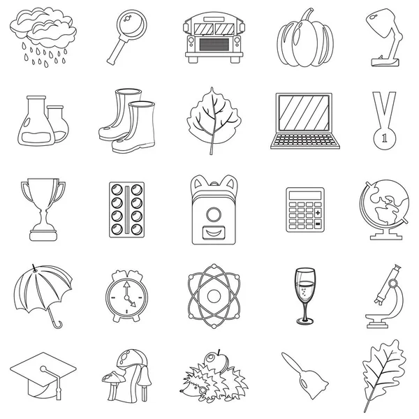 Sonbahar, okul Icon set. Anahat, çizgili, ince stil. Beyaz arka plan. Vektör çizim.