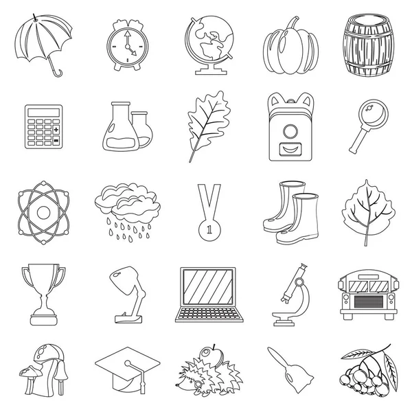 Sonbahar, okul Icon set. Anahat, çizgili, ince stil. Beyaz arka plan. Vektör çizim.