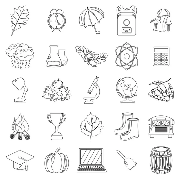 Sonbahar, okul Icon set. Anahat, çizgili, ince stil. Beyaz arka plan. Vektör çizim.