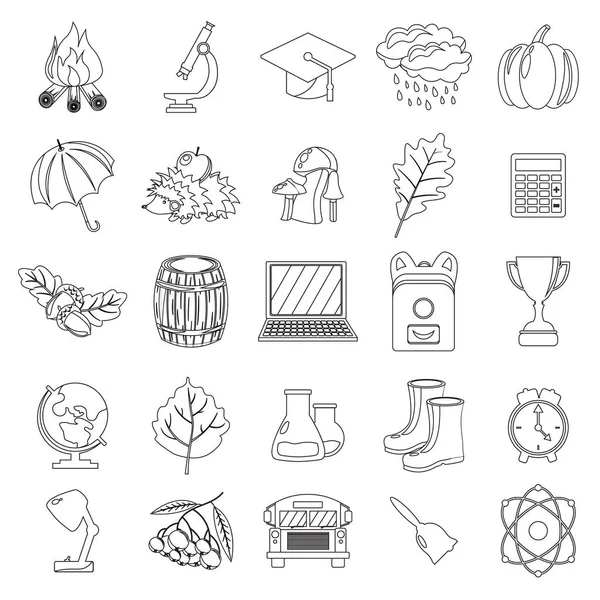Sonbahar, okul Icon set. Anahat, çizgili, ince stil. Beyaz arka plan. Vektör çizim.