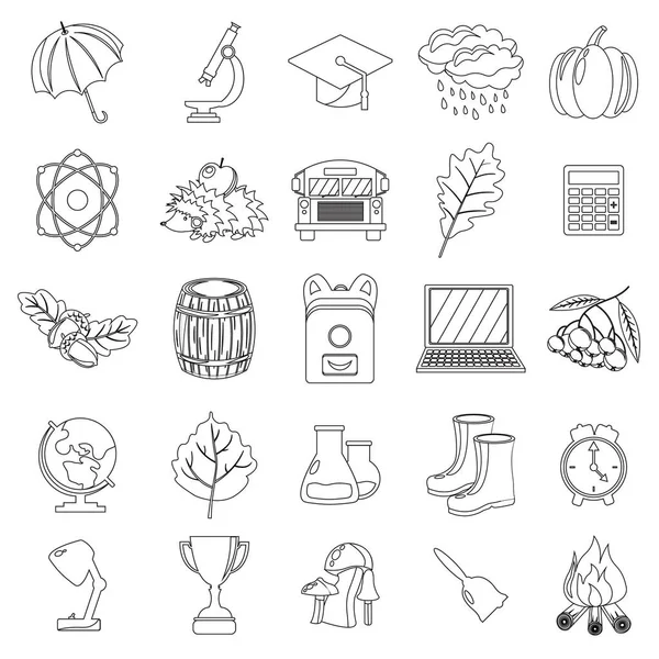 Sonbahar, okul Icon set. Anahat, çizgili, ince stil. Beyaz arka plan. Vektör çizim.