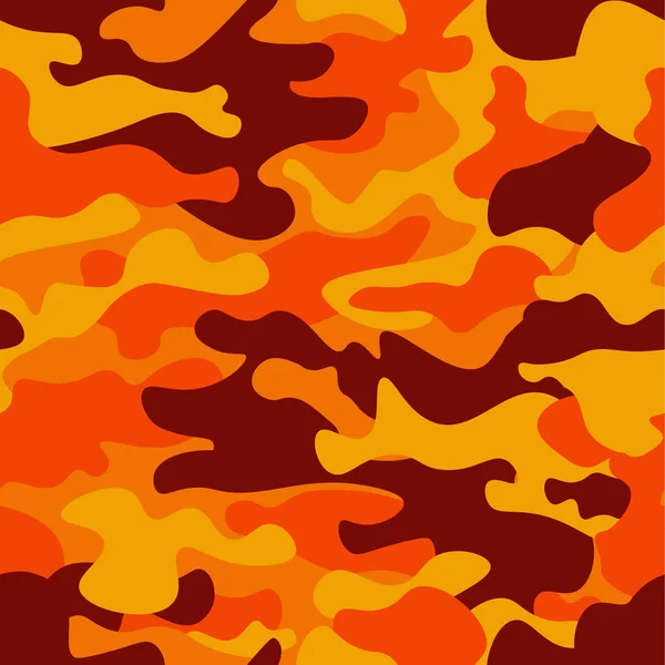 Fundo de padrão de camuflagem. Estilo de roupa clássica mascarando camo repetição imprimir. Fogo laranja marrom amarelo cores textura da floresta. Elemento de design. Ilustração vetorial . — Vetor de Stock