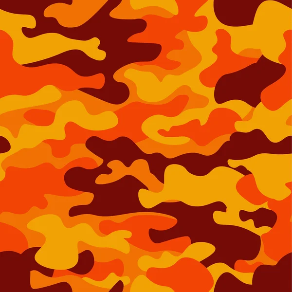 Fundo de padrão de camuflagem. Estilo de roupa clássica mascarando camo repetição imprimir. Fogo laranja marrom amarelo cores textura da floresta. Elemento de design. Ilustração vetorial . — Vetor de Stock