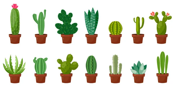 Conjunto de pancartas horizontales de desierto, cactus verde habitación. Piso, estilo de dibujos animados. Ilustración vectorial fondo blanco. Elemento de diseño . — Vector de stock