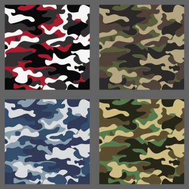 Kamuflaj sorunsuz desenler arka plan kümesi. Klasik giyim tarzı camo tekrar Yazdır maskeleme. Yeşil, kahverengi, siyah, zeytin, mavi, okyanus, pembe, turuncu renkler doku. Tasarım öğesi. Vektör çizim.