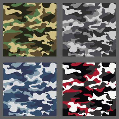 Kamuflaj sorunsuz desenler arka plan kümesi. Klasik giyim tarzı camo tekrar Yazdır maskeleme. Yeşil, kahverengi, siyah, zeytin, mavi, okyanus, pembe, turuncu renkler doku. Tasarım öğesi. Vektör çizim.