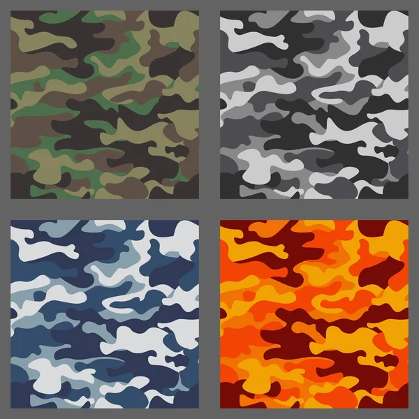 Reihe von Camouflage nahtlose Muster Hintergrund. klassische Kleidung Stil Maskierung Camo wiederholen Druck. grün, braun, schwarz, oliv, blau, ozean, rosa, orange Farben Textur. Gestaltungselement. Vektorillustration. — Stockvektor