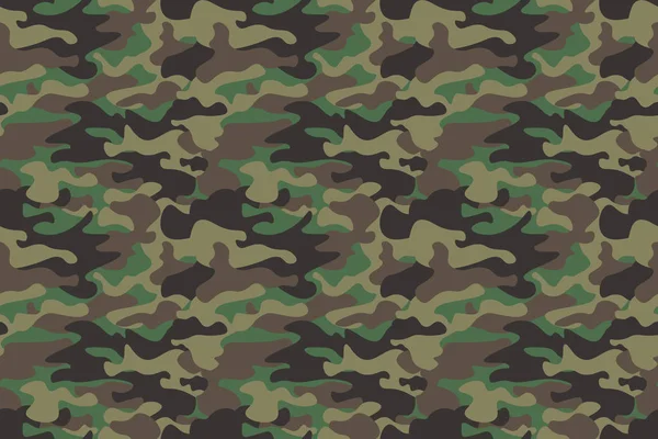 Fondo de patrón sin costura de camuflaje. Banner horizontal sin costura. Estilo de ropa clásica camuflaje máscara impresión repetida. Verde marrón negro oliva colores textura del bosque. Elemento de diseño. Ilustración vectorial — Vector de stock