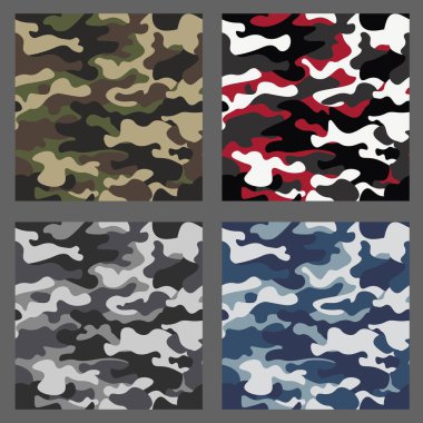 Kamuflaj sorunsuz desenler arka plan kümesi. Klasik giyim tarzı camo tekrar Yazdır maskeleme. Yeşil, kahverengi, siyah, zeytin, mavi, okyanus, pembe, turuncu renkler doku. Tasarım öğesi. Vektör çizim.