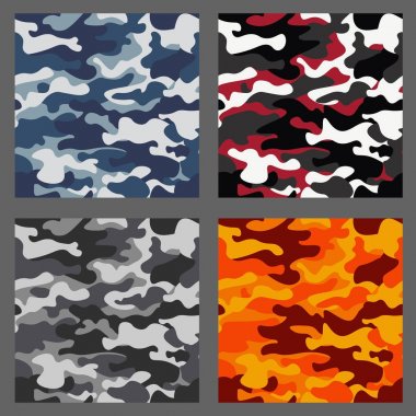Kamuflaj sorunsuz desenler arka plan kümesi. Klasik giyim tarzı camo tekrar Yazdır maskeleme. Yeşil, kahverengi, siyah, zeytin, mavi, okyanus, pembe, turuncu renkler doku. Tasarım öğesi. Vektör çizim.