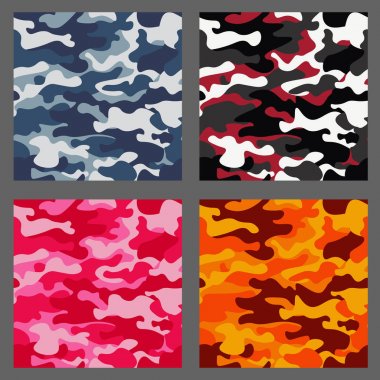 Kamuflaj sorunsuz desenler arka plan kümesi. Klasik giyim tarzı camo tekrar Yazdır maskeleme. Yeşil, kahverengi, siyah, zeytin, mavi, okyanus, pembe, turuncu renkler doku. Tasarım öğesi. Vektör çizim.