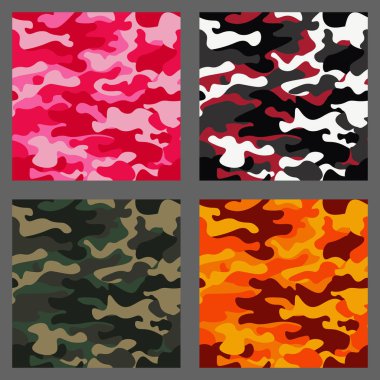 Kamuflaj sorunsuz desenler arka plan kümesi. Klasik giyim tarzı camo tekrar Yazdır maskeleme. Yeşil, kahverengi, siyah, zeytin, mavi, okyanus, pembe, turuncu renkler doku. Tasarım öğesi. Vektör çizim.