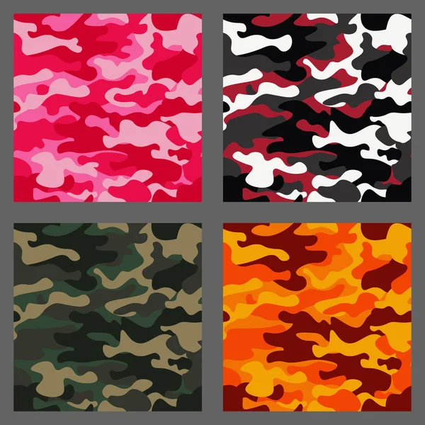 Kamuflaj sorunsuz desenler arka plan kümesi. Klasik giyim tarzı camo tekrar Yazdır maskeleme. Yeşil, kahverengi, siyah, zeytin, mavi, okyanus, pembe, turuncu renkler doku. Tasarım öğesi. Vektör çizim.