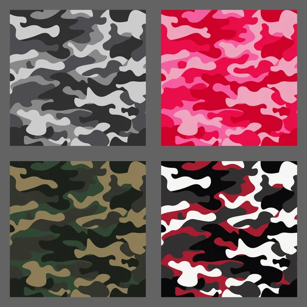 Reihe von Camouflage nahtlose Muster Hintergrund. klassische Kleidung Stil Maskierung Camo wiederholen Druck. grün, braun, schwarz, oliv, blau, ozean, rosa, orange Farben Textur. Gestaltungselement. Vektorillustration. — Stockvektor