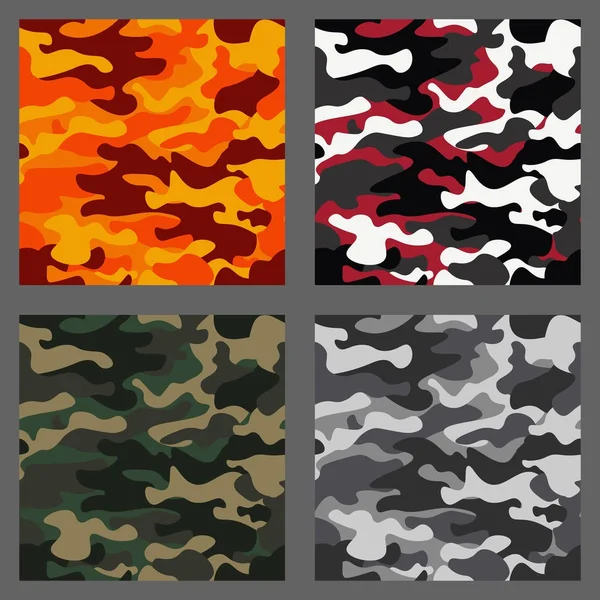 Reihe von Camouflage nahtlose Muster Hintergrund. klassische Kleidung Stil Maskierung Camo wiederholen Druck. grün, braun, schwarz, oliv, blau, ozean, rosa, orange Farben Textur. Gestaltungselement. Vektorillustration. — Stockvektor