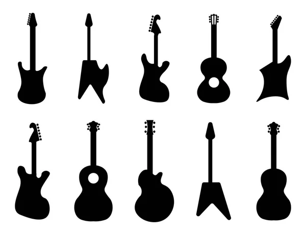 Siluetas de guitarra. Rock, acústica, guitarras eléctricas. Silueta negra de guitarra rock, ilustración de guitarras de cuerda de música sobre fondo blanco . — Vector de stock