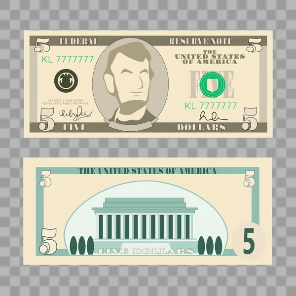 Δολάριο τραπεζογραμματίων, μας νόμισμα νομοσχέδια τα χρήματα - 5 δολλάρια που απομονώνονται σε διαφανές φόντο. Εικονογράφηση διάνυσμα σε επίπεδη και κινούμενα σχέδια στυλ. — Διανυσματικό Αρχείο