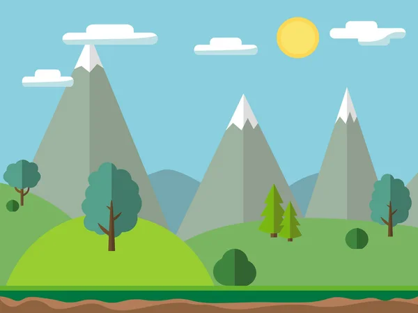 Paesaggio pastorale con montagne e alberi. Estate all'aperto prato scena, illustrazione vettoriale in stile piatto e cartone animato . — Vettoriale Stock