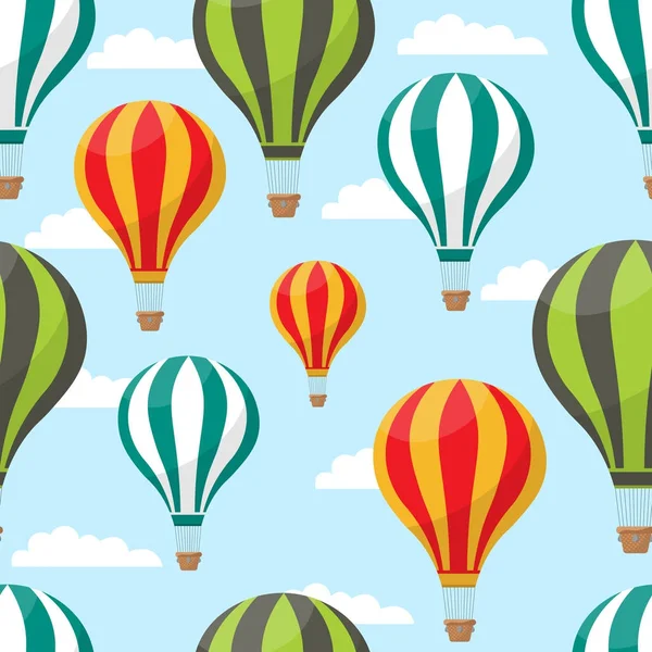 Cartoon hot air balloons in blue sky vector seamless pattern for air travel concept. Illustration of striped air balloon pattern for your web design.