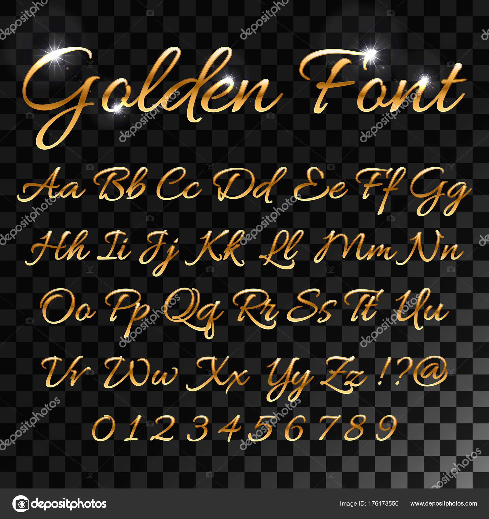 vintage font yellow gold metallic alphabet letters word text series symbol  sign on black background, concept of golden luxury alphabet decoration  Stock Illustration