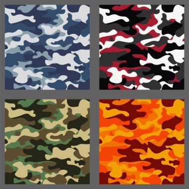 Kamuflaj sorunsuz desenler arka plan kümesi. Klasik giyim tarzı camo tekrar Yazdır maskeleme. Yeşil, kahverengi, siyah, zeytin, mavi, okyanus, pembe, turuncu renkler doku. Tasarım öğesi. Vektör çizim