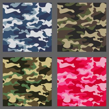 Kamuflaj sorunsuz desenler arka plan kümesi. Klasik giyim tarzı camo tekrar Yazdır maskeleme. Yeşil, kahverengi, siyah, zeytin, mavi, okyanus, pembe, turuncu renkler doku. Tasarım öğesi. Vektör çizim
