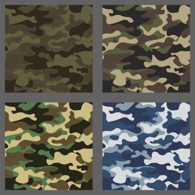 Kamuflaj sorunsuz desenler arka plan kümesi. Klasik giyim tarzı camo tekrar Yazdır maskeleme. Yeşil, kahverengi, siyah, zeytin, mavi, okyanus, pembe, turuncu renkler doku. Tasarım öğesi. Vektör çizim
