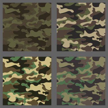Kamuflaj sorunsuz desenler arka plan kümesi. Klasik giyim tarzı camo tekrar Yazdır maskeleme. Yeşil, kahverengi, siyah, zeytin, mavi, okyanus, pembe, turuncu renkler doku. Tasarım öğesi. Vektör çizim