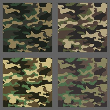 Kamuflaj sorunsuz desenler arka plan kümesi. Klasik giyim tarzı camo tekrar Yazdır maskeleme. Yeşil, kahverengi, siyah, zeytin, mavi, okyanus, pembe, turuncu renkler doku. Tasarım öğesi. Vektör çizim