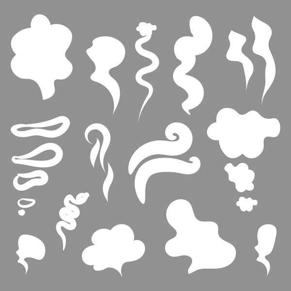 Cartoon smoke and dust clouds. Comic puff and steam vector set. Comic white stench aroma or smell illustration for your web design.