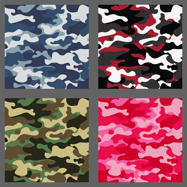 Reihe von Camouflage nahtlose Muster Hintergrund. klassische Kleidung Stil Maskierung Camo wiederholen Druck. grün, braun, schwarz, oliv, blau, ozean, rosa, orange Farben Textur. Gestaltungselement. Vektorillustration — Stockvektor