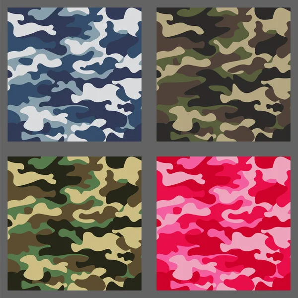 Kamuflaj sorunsuz desenler arka plan kümesi. Klasik giyim tarzı camo tekrar Yazdır maskeleme. Yeşil, kahverengi, siyah, zeytin, mavi, okyanus, pembe, turuncu renkler doku. Tasarım öğesi. Vektör çizim