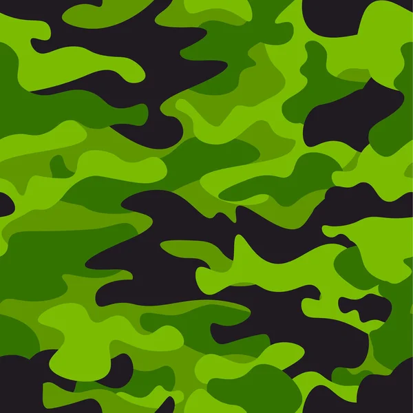 Grön camouflage sömlös bakgrund. Klassiska klädstil maskering camo upprepad utskrift. Grön, lime, Svart oliv färger skog konsistens. Designelement. Vektorillustration. — Stock vektor