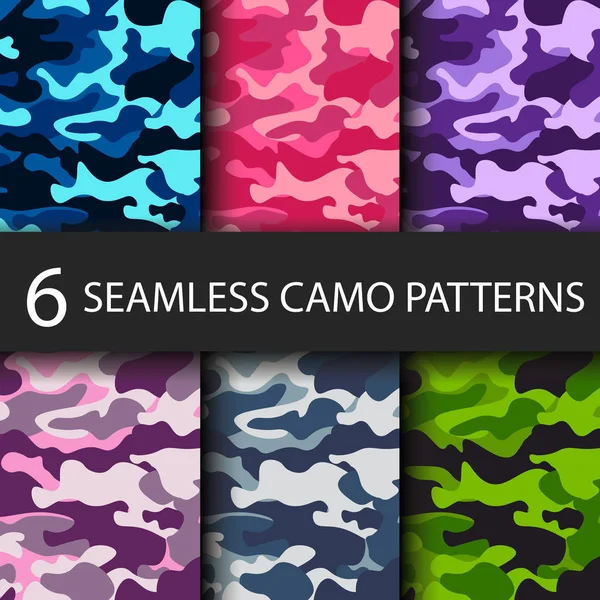 6 paketi kamuflaj sorunsuz desenler arka plan siyah gölge ile ayarlayın. Klasik giyim tarzı camo tekrar Yazdır maskeleme. Parlak renkler orman doku. Vektör çizimi web tasarım ve giyim.