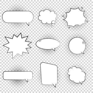 Komik konuşma ve düşünce baloncukları koleksiyonu. Pop sanat tarzı baloncuk çizimi