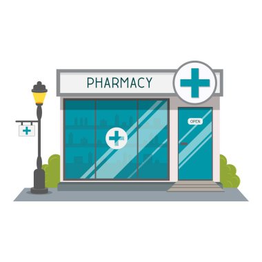 Eczane Eczane Dükkanı cephe. Düz stil vektör çizim.