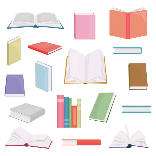 平らな本や読書文書。科学の教科書、百科事典、辞書のアイコンを開きます。学校や家庭用の辞書や文学の教科書イラスト — ストックベクタ