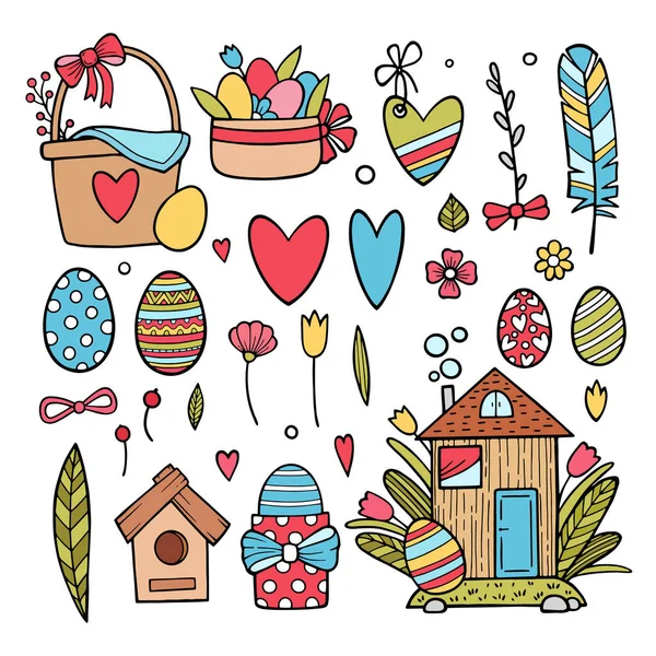 Set di simpatici personaggi ed elementi pasquali. Buona Pasqua. Scrapbooking set di elementi luminosi mano disegnare cesto con uova, fiori, pollo, pulcini, vaso di fiori, torta di Pasqua, corona — Vettoriale Stock